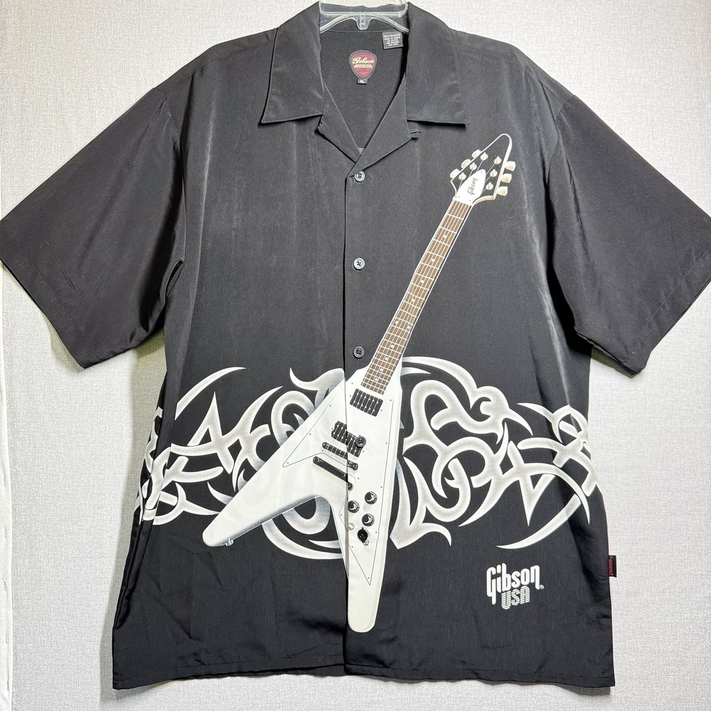 Gibson Shirt Mens XL Black Flying V Guitar Graphic Short Sleeve Button Up Rock